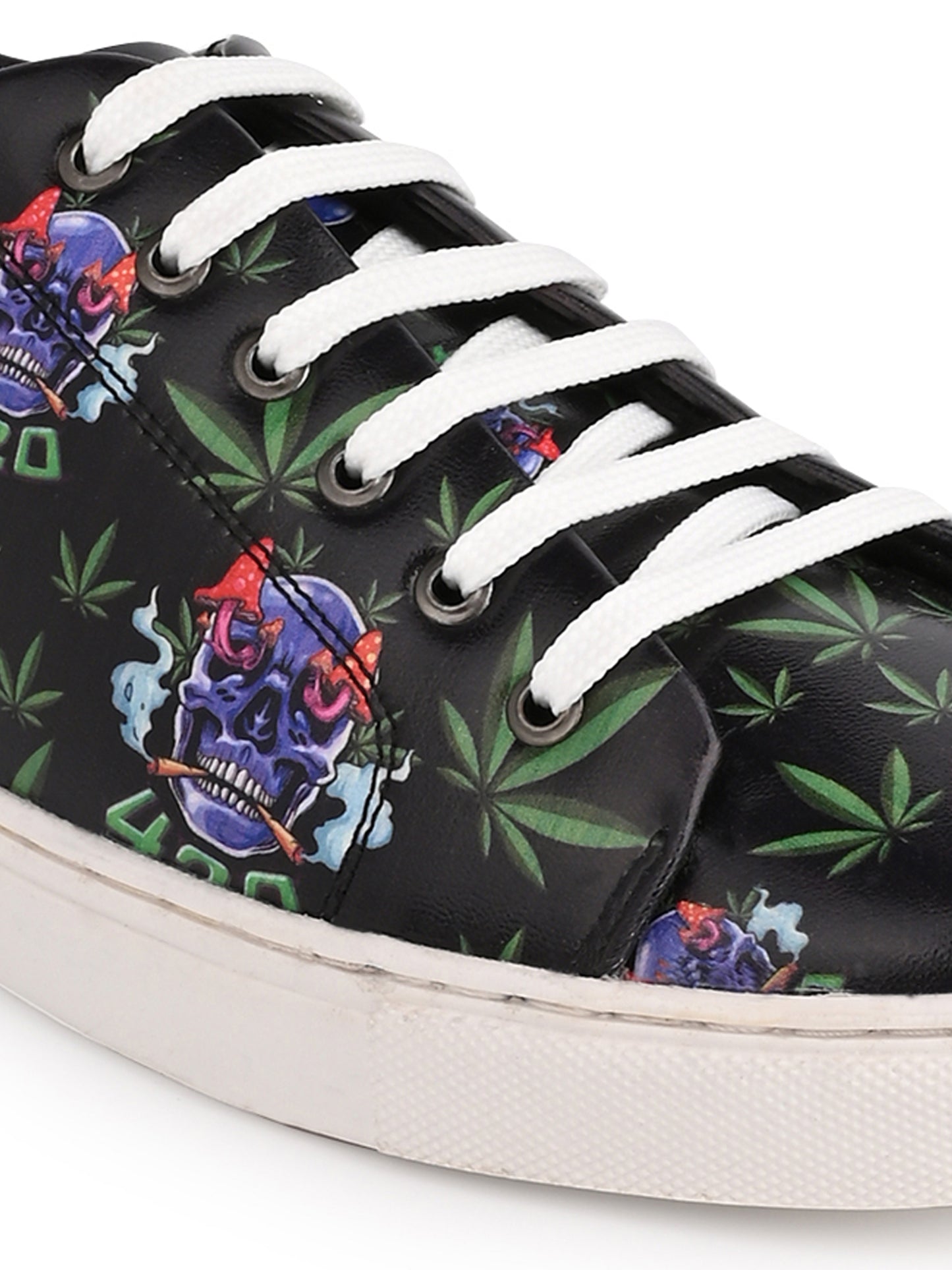Skull 420 Weed Design Deep Black Shoe - Printed Synthetic Vegan Leather