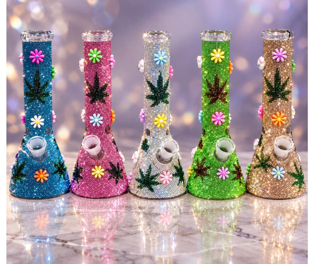 10-Inch Glitter Beaker Water Pipe with 3D Flowers & 14mm Bowl