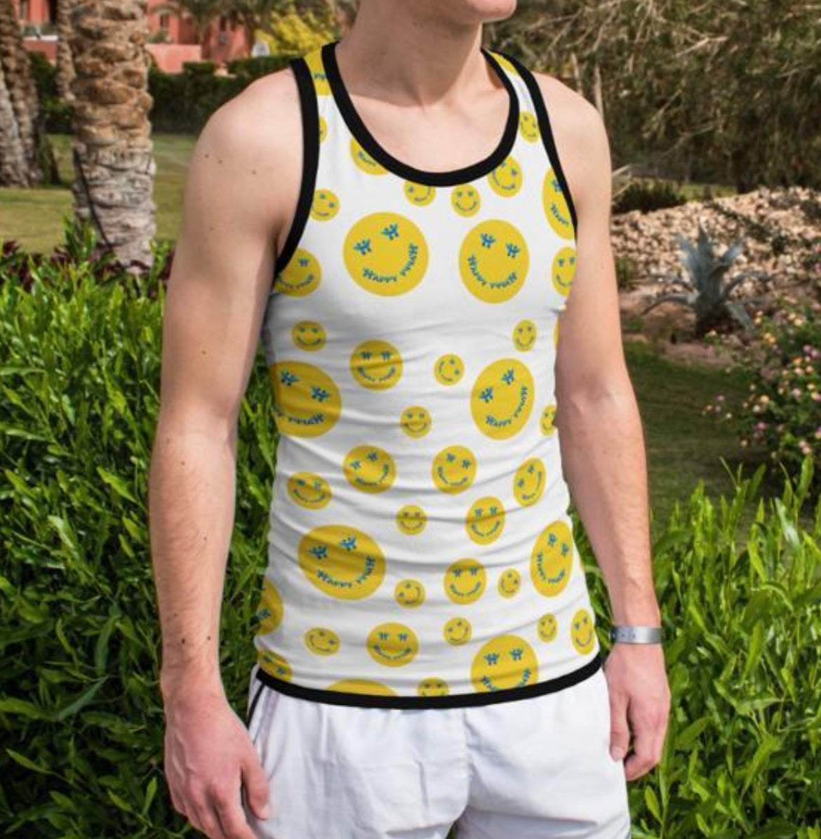 Happy White Tank Top 100% Polyester - Pack of 6 Sizes -- 1-S,1-M,1-L,1-XL,1-2XL,1-3XL