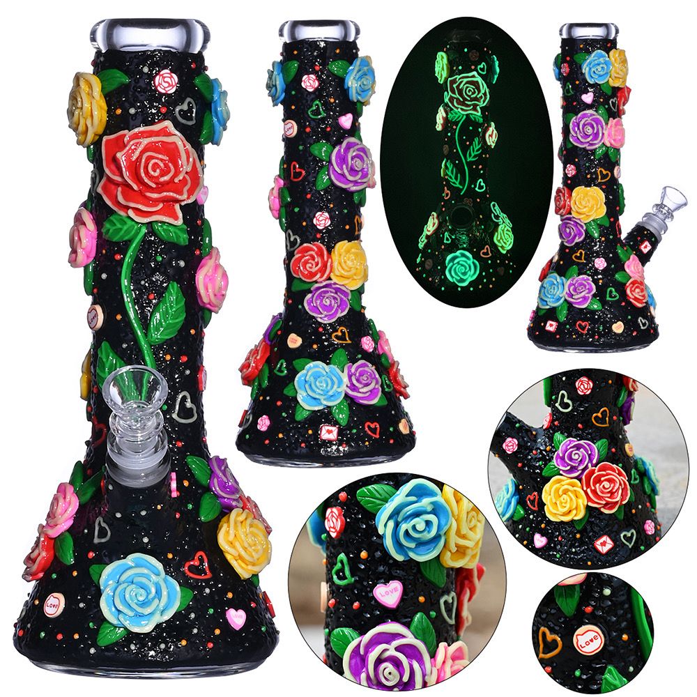 10-Inch 3D Rose Glow-in-the-Dark Beaker Water Pipe, 14mm Bowl