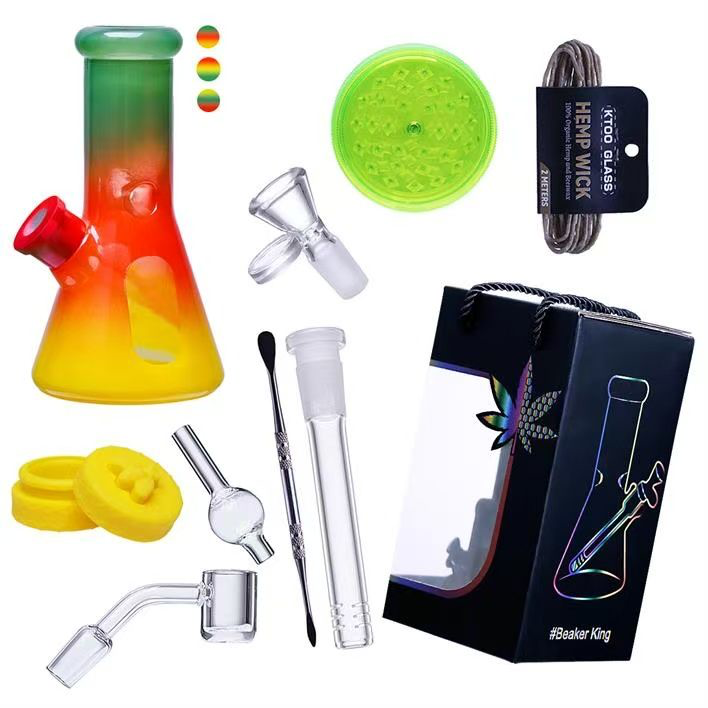 8" 5mm Beaker Set - Hemp Wick, Dabber, Car Cap, Silicone Jar, Plastic Grinde