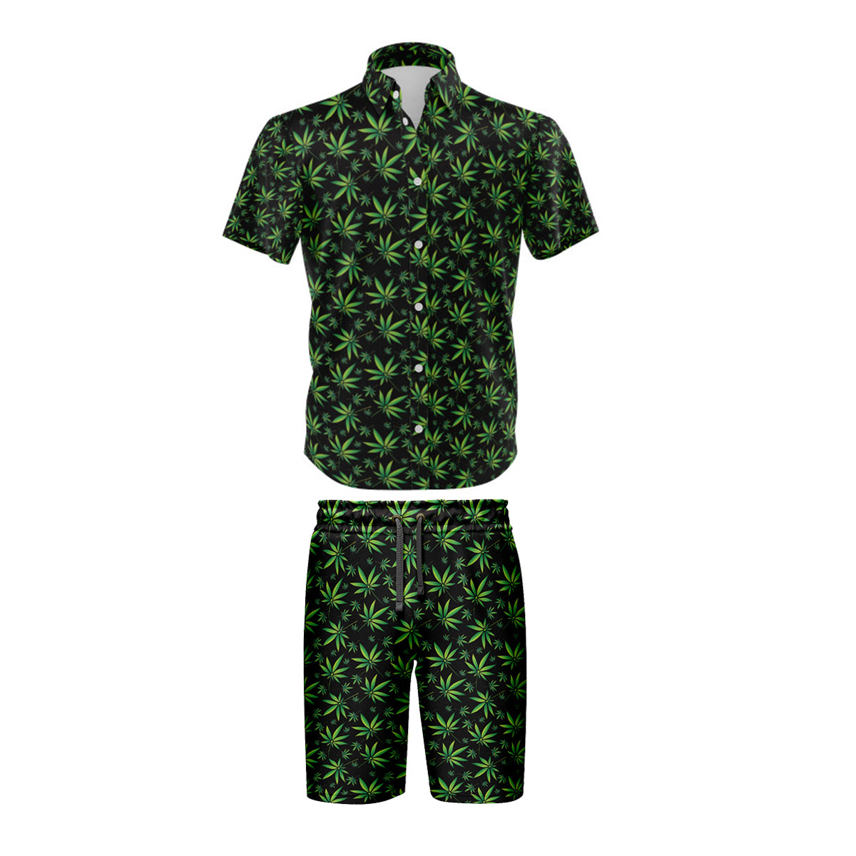 Cannabis Leaf Black Shirt and Short Set, Pack of 5 Sizes Sets, 1-M, 1-L, 1-XL, 1-XXL, 1-XXXL