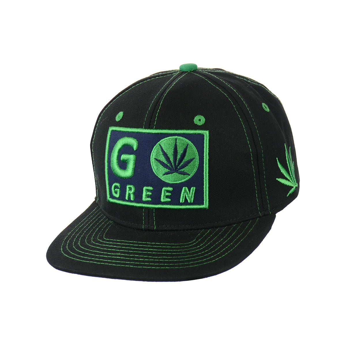 Go Green Leaf Embroidered Snapback Hat 100% Cotton