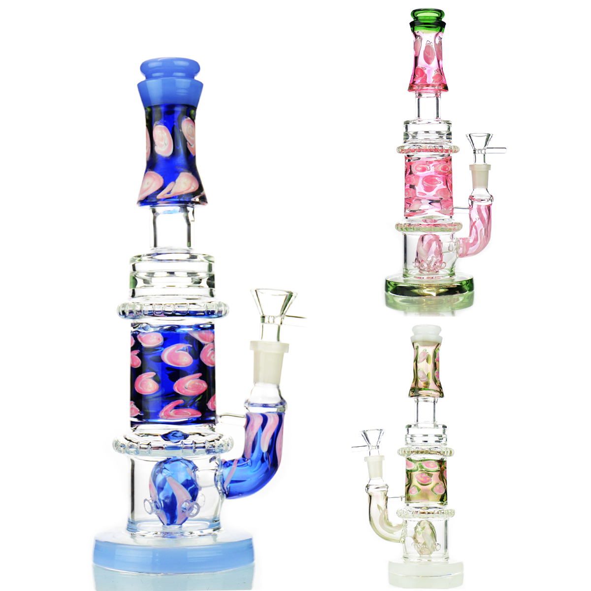 10.5" Double Glass Gold Fume Water Pipe with M9 Perc and 14mm Male Bowl