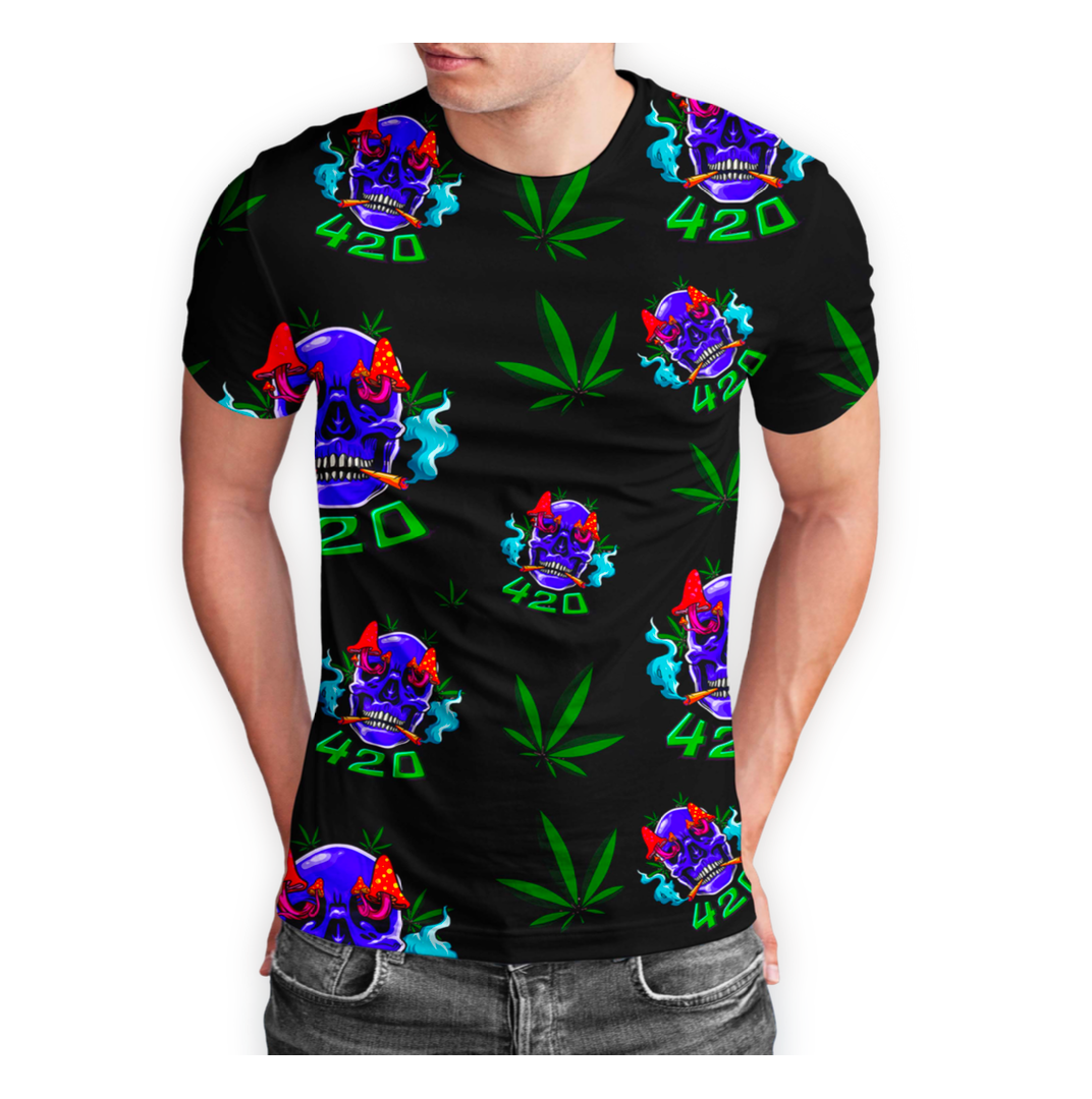 420 Skull Cannabis Leaf Black Short Sleeve T-Shirt Pack of 5 Units 1-M, 1-L, 1-XL, 1-XXL, 1-XXXL -- 100% Polyester