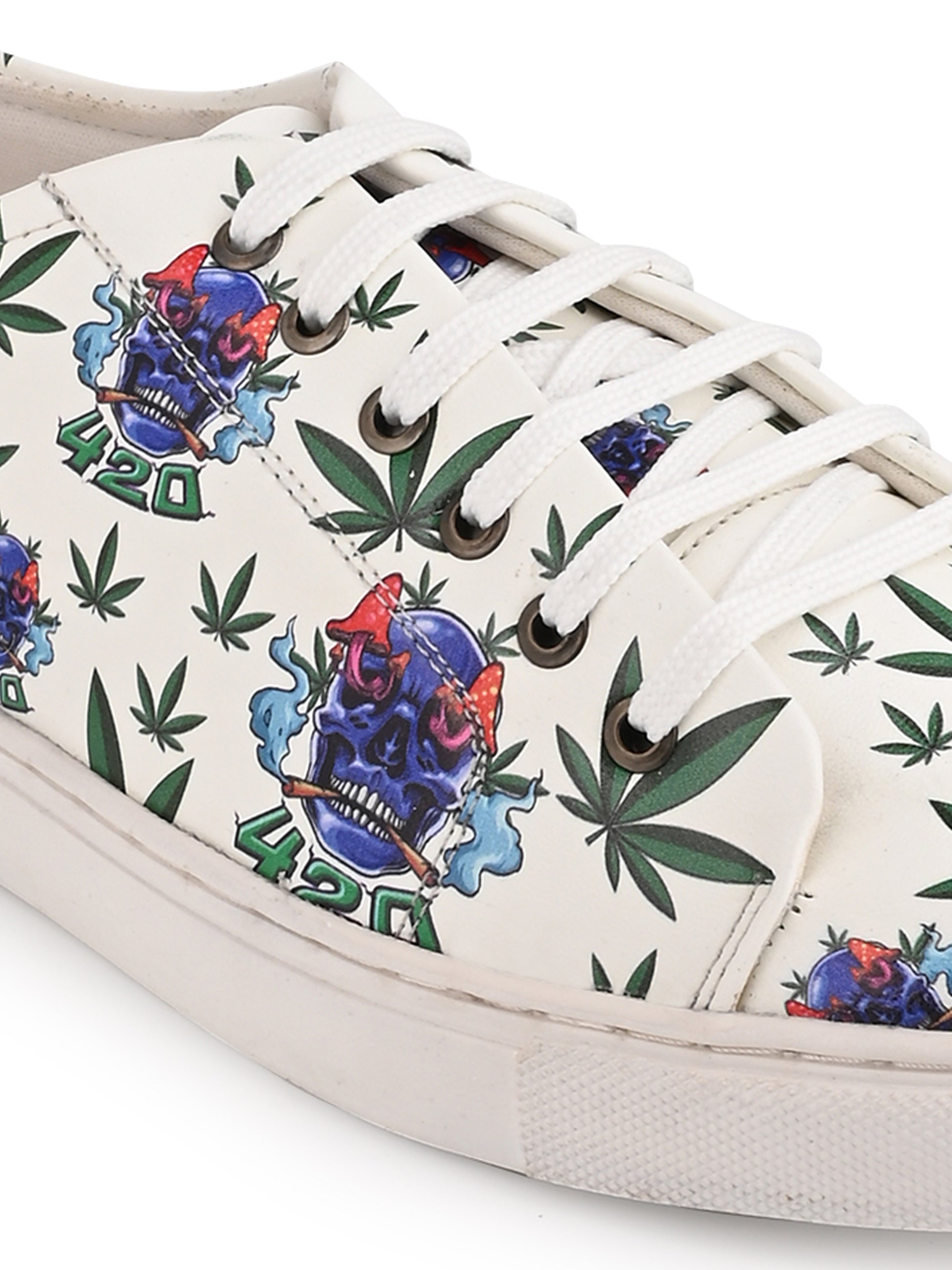 Skull 420 Weed Design Snow White Shoe - Printed Synthetic Vegan Leather