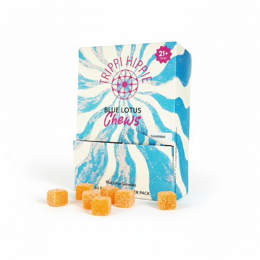 BLUE LOTUS CHEWS 50 PACKS/ 2 CHEWS PER PACK- 250MG PER GUMMY - ASSORTED FLAVOR - BLUE RASBERRY, STRAWBERRY, TANGRINE