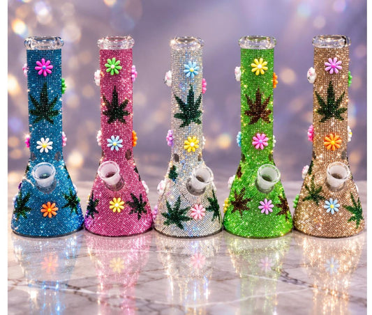 10-Inch Glitter Beaker Water Pipe with 3D Flowers & 14mm Bowl