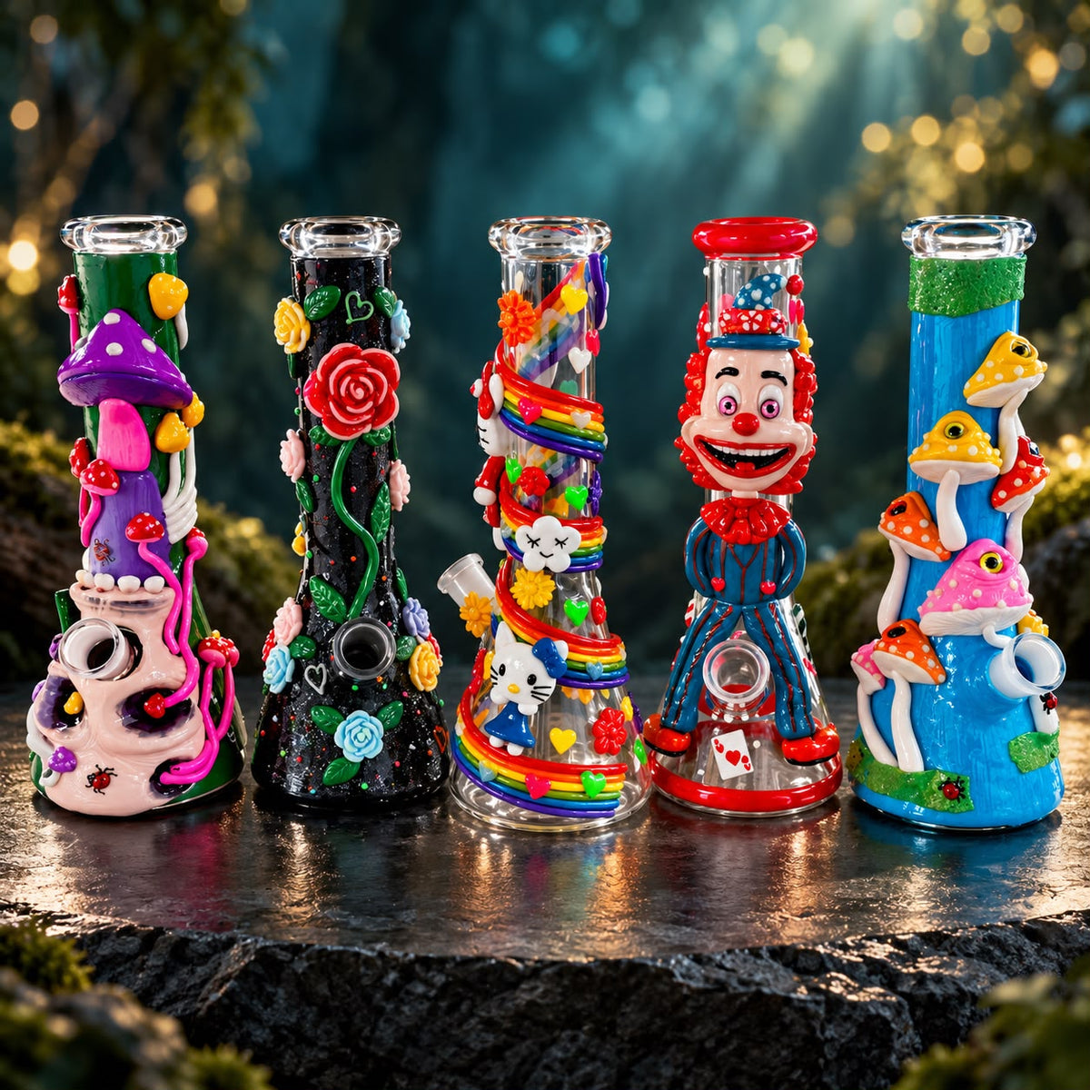 Four handcrafted, highly decorated glass water pipes standing on a dark stone surface in a forest setting with sunbeams filtering through the background.