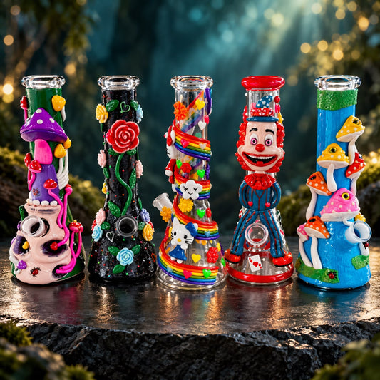 Four handcrafted, highly decorated glass water pipes standing on a dark stone surface in a forest setting with sunbeams filtering through the background.