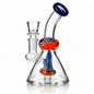 Clear glass beaker water pipe with a curved neck, blue bowl, and red, blue, green, and white decorative swirls inside and around the chamber, shown on a white background.