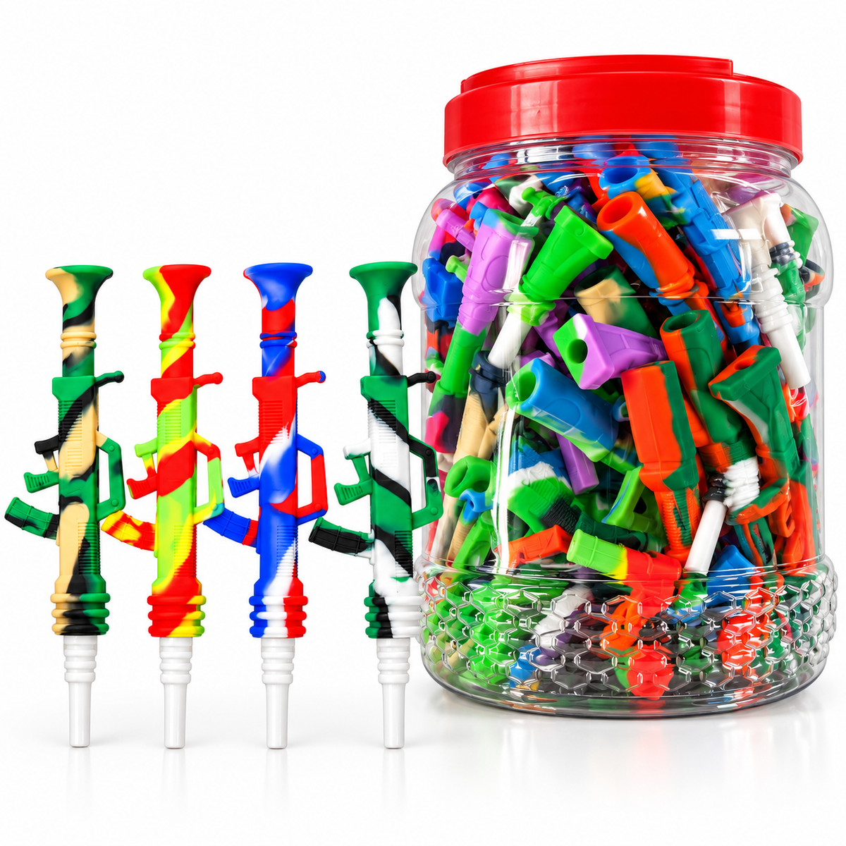 A clear plastic jar filled with colorful plastic golf tees, shown next to four individual colorful tees on a white background.