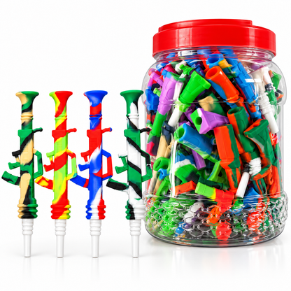 A clear plastic jar filled with colorful plastic golf tees, shown next to four individual colorful tees on a white background.