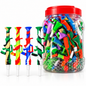 A clear plastic jar filled with colorful plastic golf tees, shown next to four individual colorful tees on a white background.