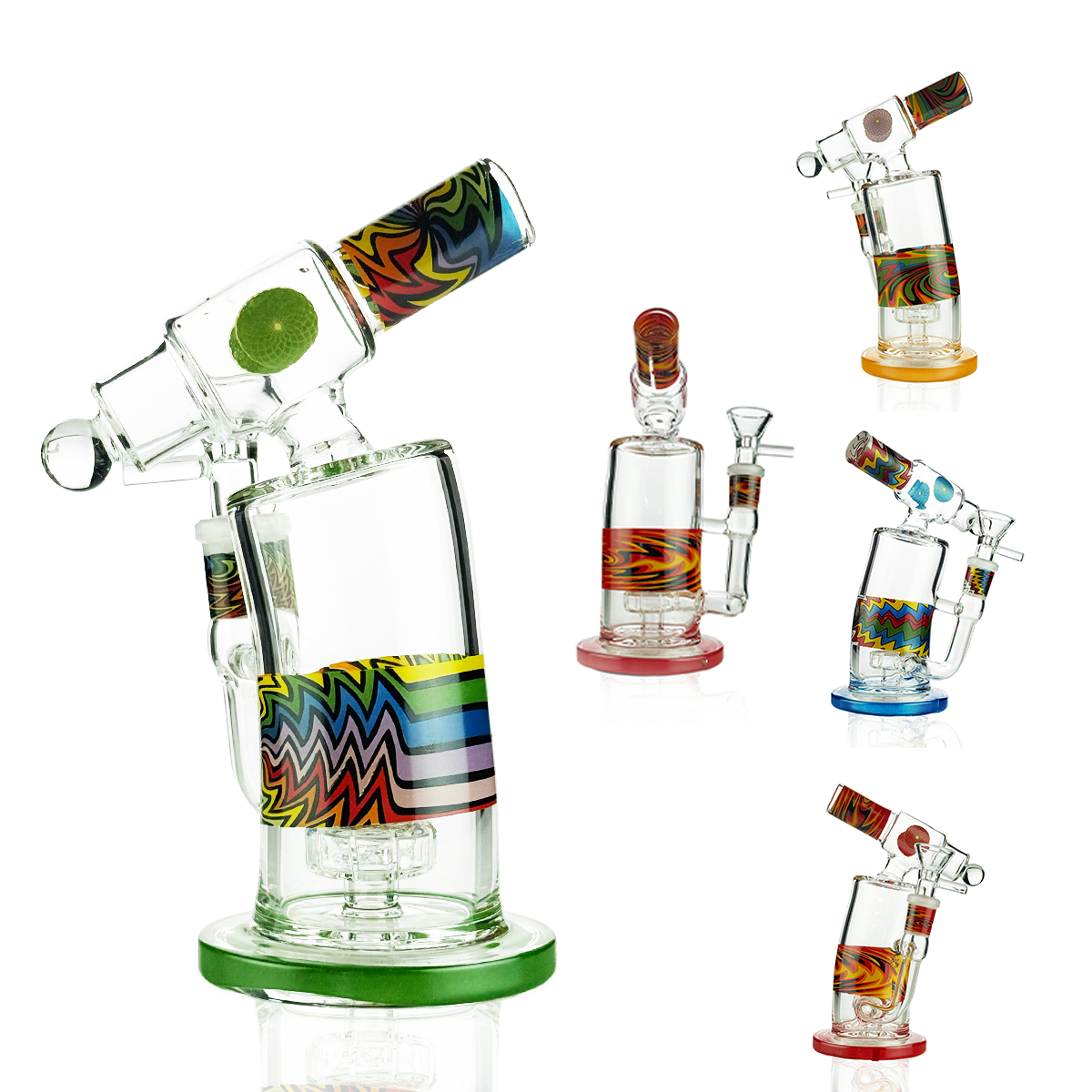 A clear glass water pipe with a colorful zigzag and flame-patterned band, shown on a white background with five smaller alternate views of the same item in different colored base rings.