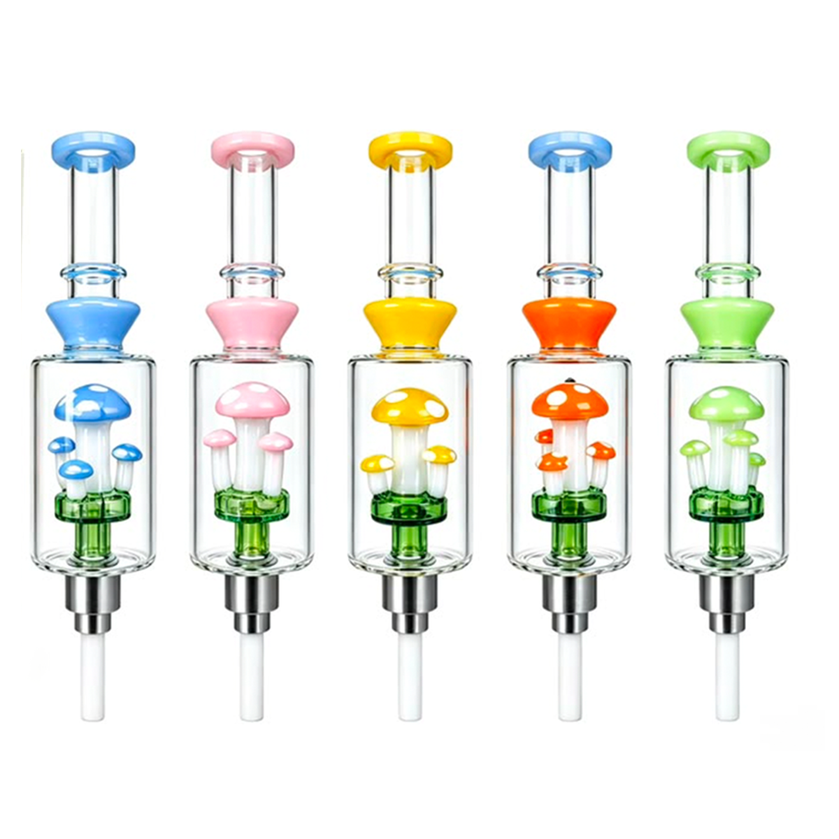 Five clear glass vape pens with colorful mushroom-shaped bubble designs in blue, pink, yellow, orange, and green, arranged side by side on a white background.