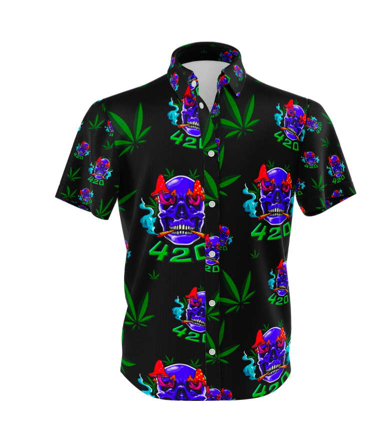 420 Skull Leaf Black Shirt and Short Set, Pack of 5 Sizes Sets, 1-M, 1-L, 1-XL, 1-XXL, 1-XXXL