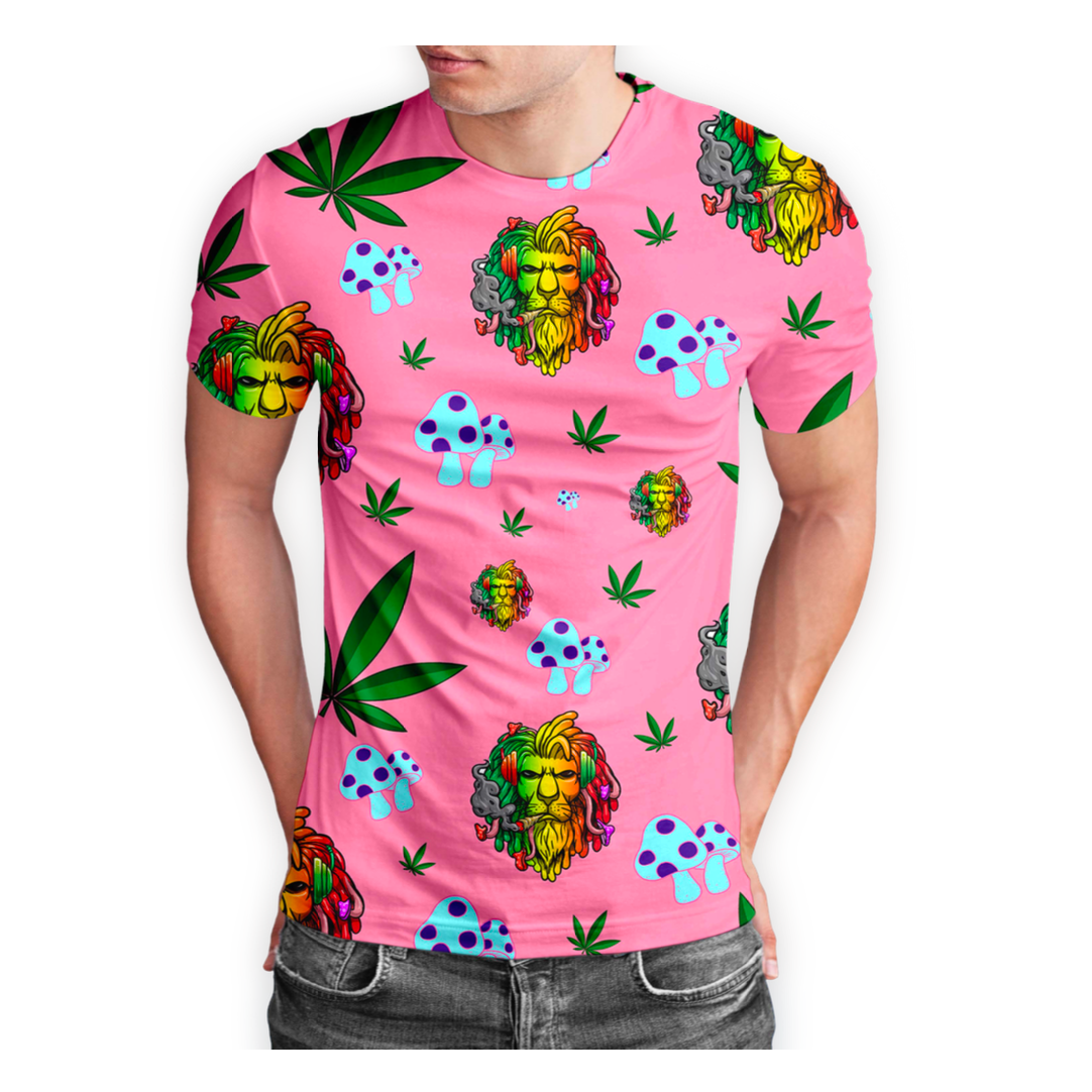 Rasta Lion Cannabis Leaf Pink Short Sleeve T-Shirt Pack of 5 Units 1-M, 1-L, 1-XL, 1-XXL, 1-XXXL -- 100% Polyester