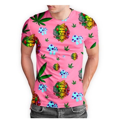 Rasta Lion Cannabis Leaf Pink Short Sleeve T-Shirt Pack of 5 Units 1-M, 1-L, 1-XL, 1-XXL, 1-XXXL -- 100% Polyester
