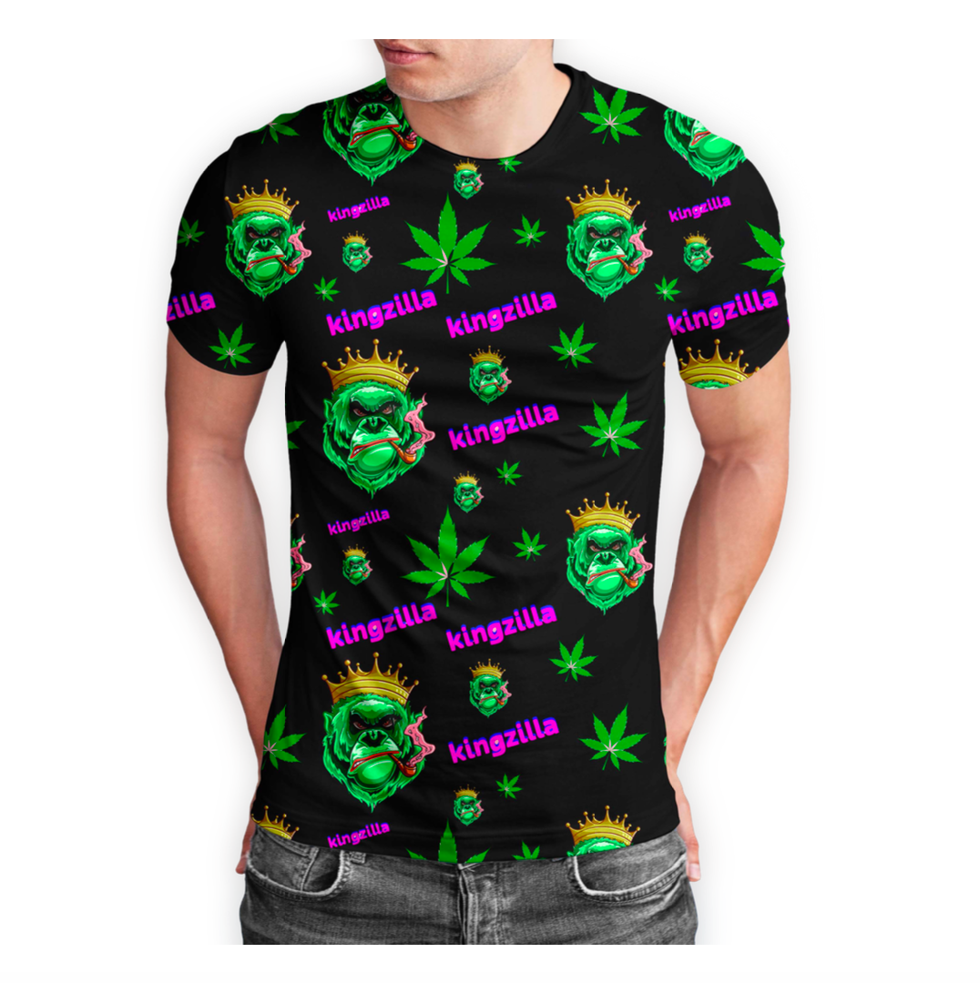 Kingzilla Cannabis Leaf Black Short Sleeve T-Shirt Pack of 5 Units 1-M, 1-L, 1-XL, 1-XXL, 1-XXXL -- 100% Polyester
