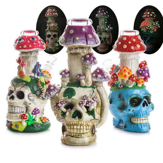 9" Mushroom Skull 3D Water Pipe Glow In the Dark
