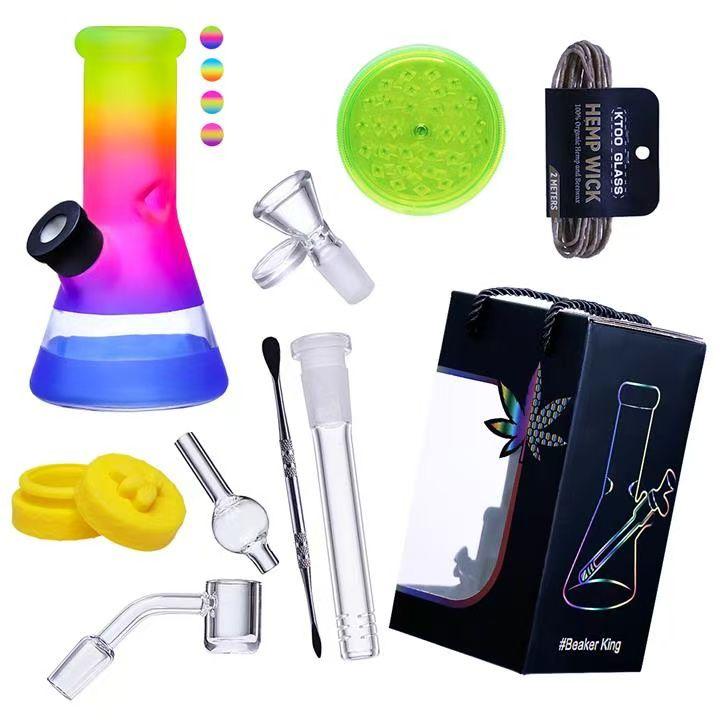 8" 5mm Beaker Set - Hemp Wick, Dabber, Car Cap, Silicone Jar, Plastic Grinde