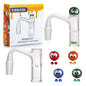 CZE013 Spinner Kit 14mm male glass water pipe with a clear body, white neck, and a green ball head with cartoon eyes. Shown alongside its white and orange packaging box, plus four smaller colored balls in red, orange, blue, and green with matching eyes.