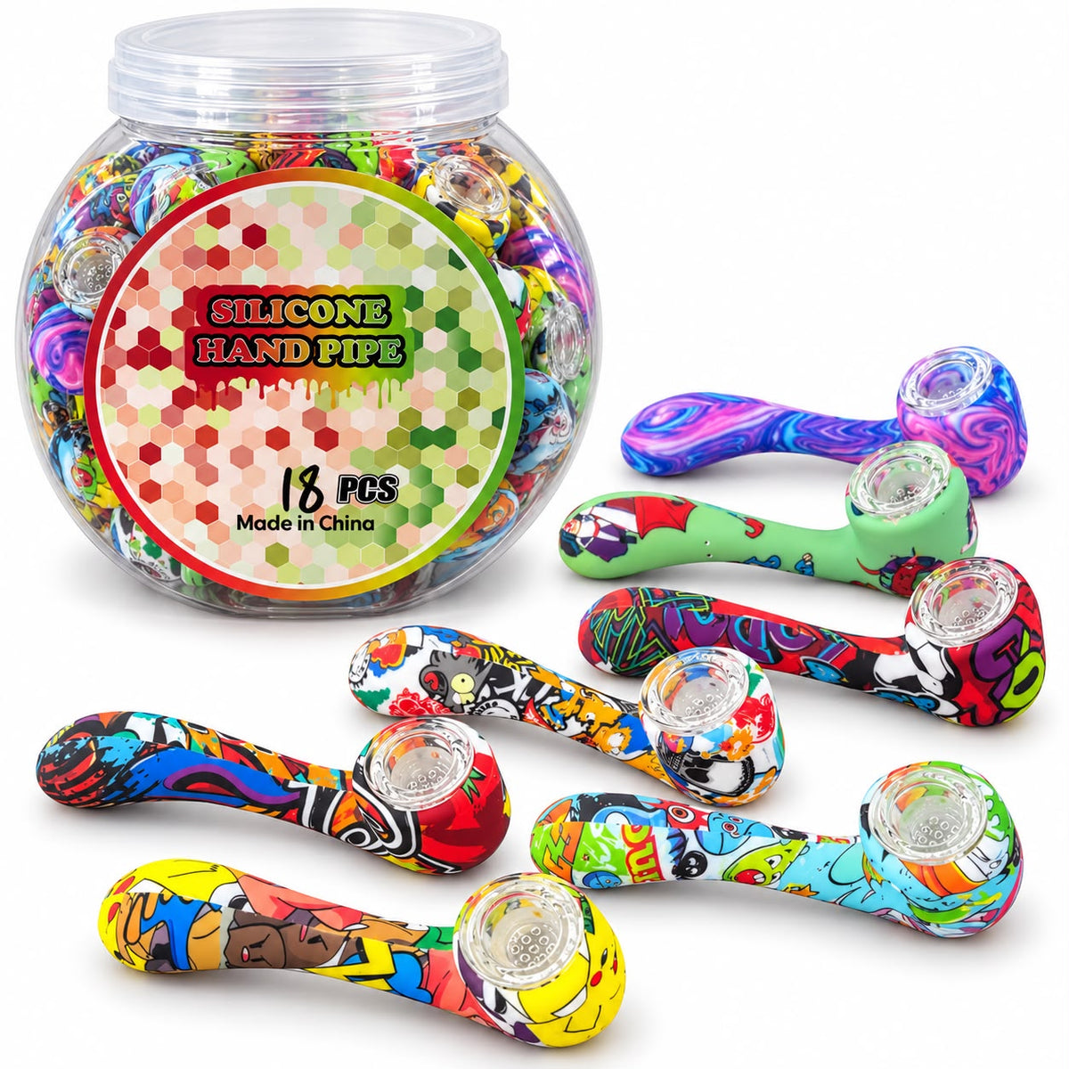 4.5" Silicone Printed Sherlock Hand Pipe 18pcs/Jar