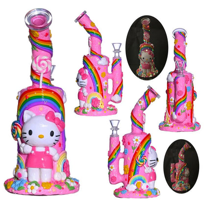 10" Pink Kitty 3D Glow In Dark Water Pipe Bong with 14mm Male Bowl