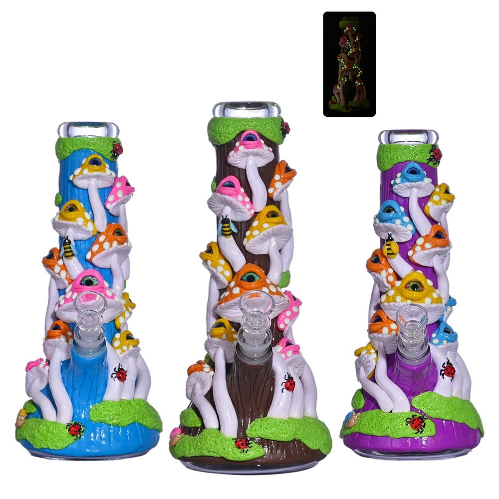 10" Mushroom Eye 3D Glow in Dark Water Pipe Bong with 14mm Male Bowl