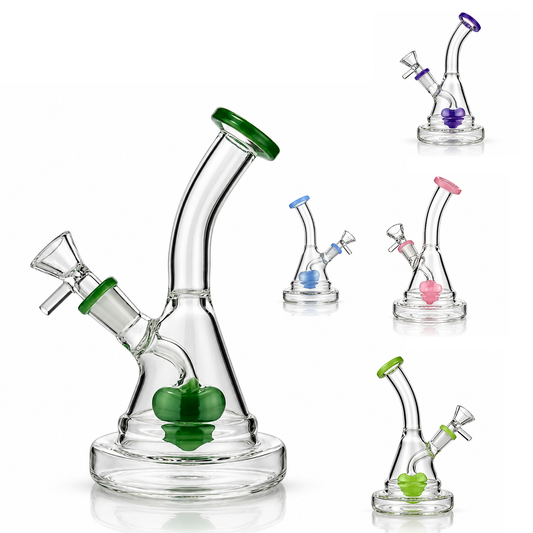 Clear glass water pipe with a curved neck, side port, and colored internal accents shown in multiple color variants on a white background.
