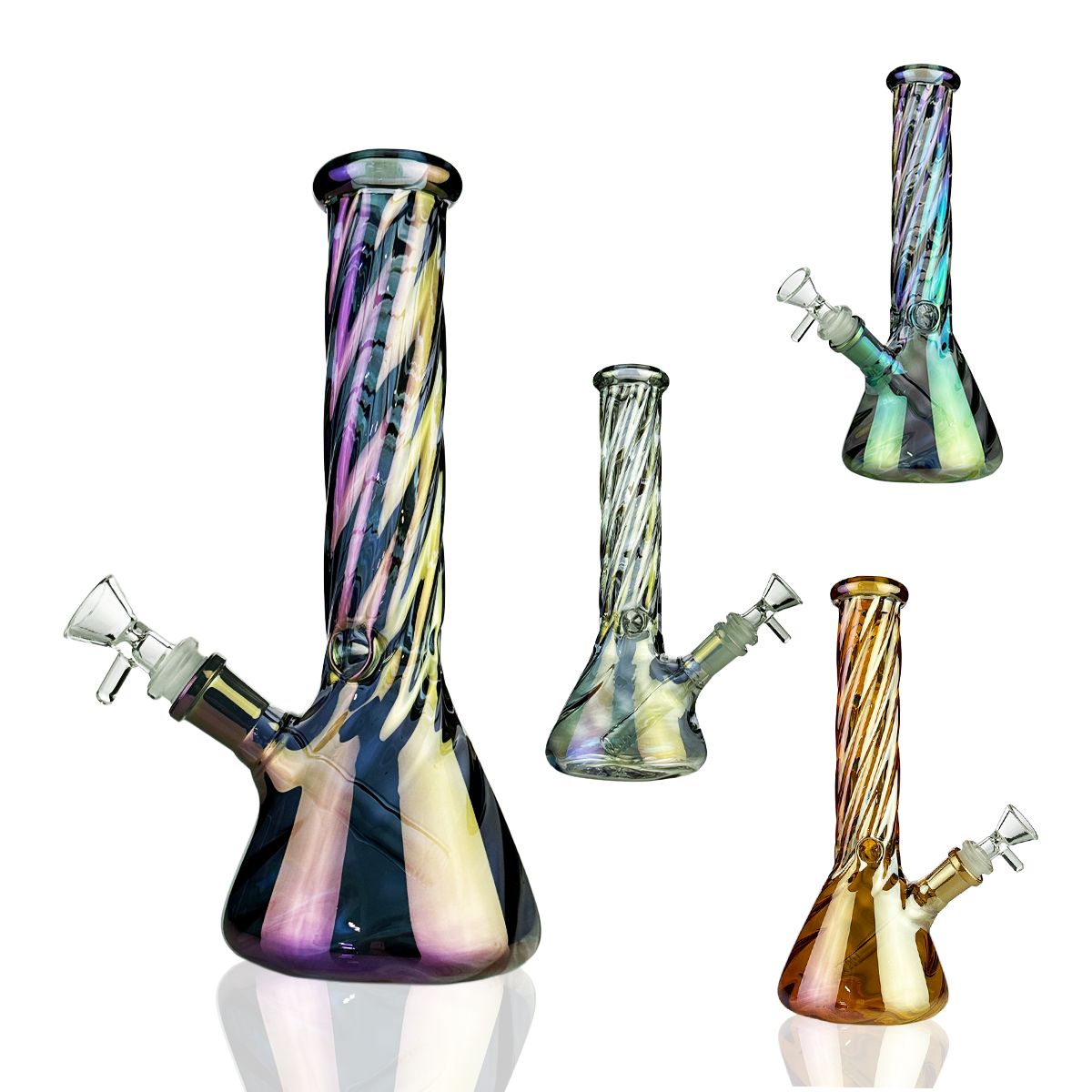 Four glass water pipes with iridescent swirls are displayed on a white background, including a large purple and gold one, a smaller green and gold one, a purple and green one, and a bronze and gold one.