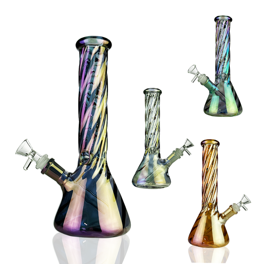 Four glass water pipes with iridescent swirls are displayed on a white background, including a large purple and gold one, a smaller green and gold one, a purple and green one, and a bronze and gold one.