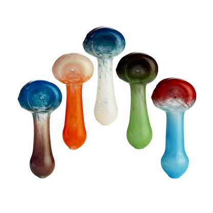 Five hand-blown glass mushroom-shaped objects in assorted colors including blue, orange, white, green, brown, red, and light blue, arranged on a plain white background.