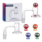 A glass spinner bong kit shown with its product box, featuring a clear 14mm male 90-degree welded glass piece, a red ball with cartoon eyes, and four additional colored balls in red, orange, blue, and green with matching eye details.
