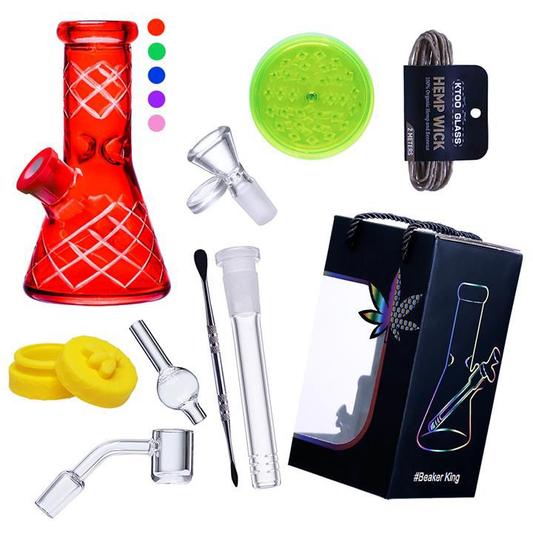 8" 5mm Beaker Set - Hemp Wick, Dabber, Car Cap, Silicone Jar, Plastic Grinde