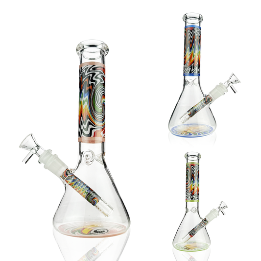 Three views of a clear glass beaker water pipe with a colorful spiral-patterned neck and a clear glass mouthpiece, shown on a white background.