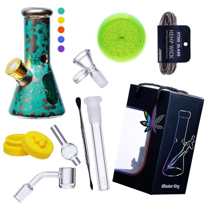 8" 5mm Beaker Set - Hemp Wick, Dabber, Car Cap, Silicone Jar, Plastic Grinde