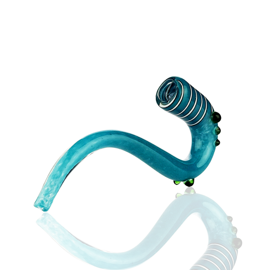 A curved glass water pipe with a translucent teal blue body and a striped flared bowl, shown on a white background with a faint reflection below.