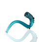A curved glass water pipe with a translucent teal blue body and a striped flared bowl, shown on a white background with a faint reflection below.