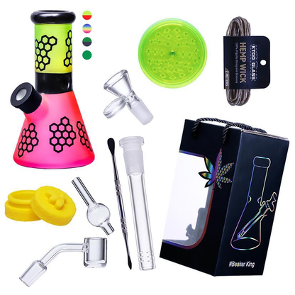 8" 5mm Beaker Set - Hemp Wick, Dabber, Car Cap, Silicone Jar, Plastic Grinde
