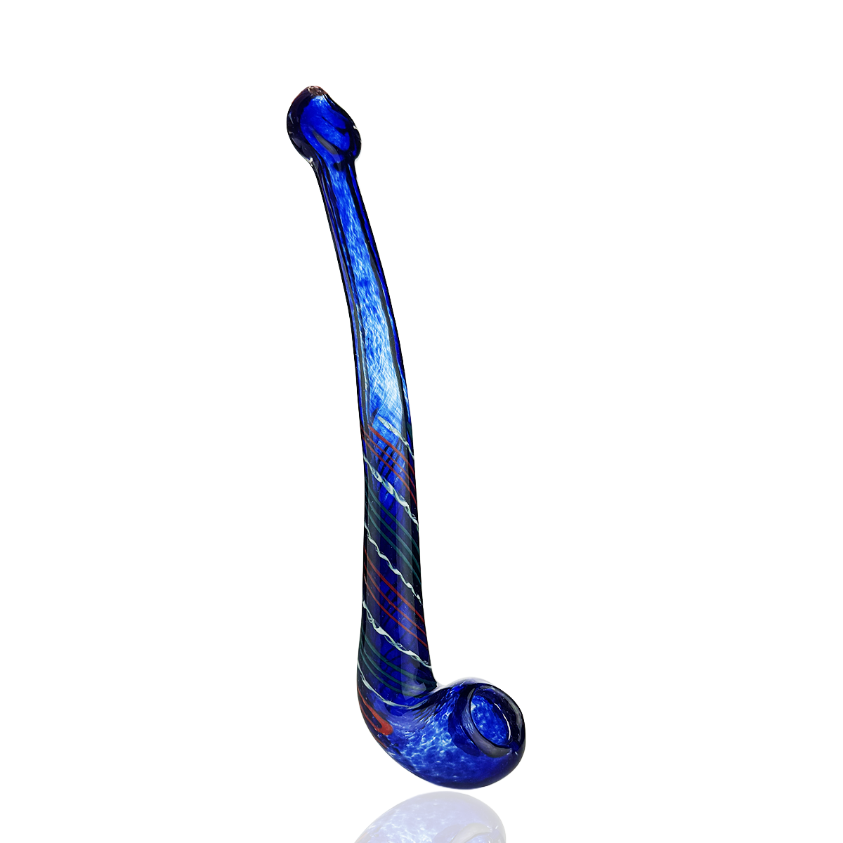 A blue glass pipe with a curved neck and a curled bowl, featuring swirls of lighter blue, white, and hints of red on a clean white background.