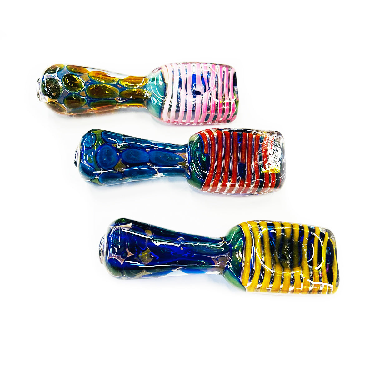 4.5" Gold Fume Glass Hand Pipe Spoon with Pressed Head Swirling Art