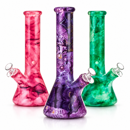 Three tall glass water pipes in pink, purple, and green marbled colors, arranged on a white background.