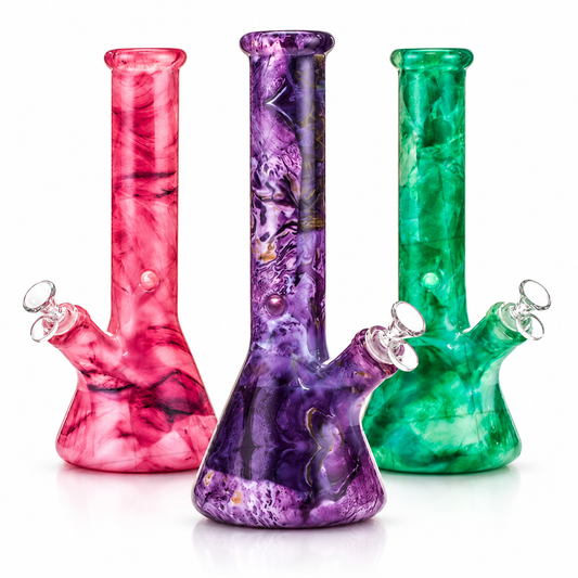Three tall glass water pipes in pink, purple, and green marbled colors, arranged on a white background.