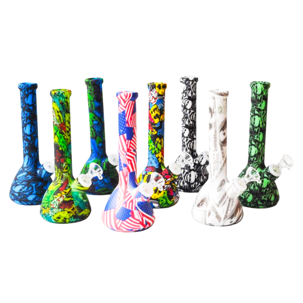 A group of nine glass water pipes (bongs) in various vibrant patterns, including abstract splatters, American flag motifs, snakeskin, and solid colors, displayed against a plain white background.