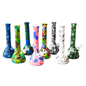A group of nine glass water pipes (bongs) in various vibrant patterns, including abstract splatters, American flag motifs, snakeskin, and solid colors, displayed against a plain white background.