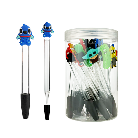 6" Glass Nectar Straw with Silicone Tip and Head Characters - 20pcs Display