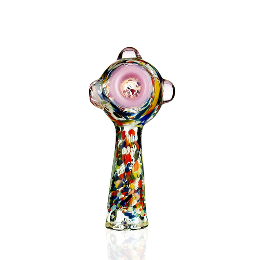 A hand-blown glass pipe with a pink circular mouthpiece, a colorful multicolor body, and a small loop at the top, shown on a white background with a soft reflection.