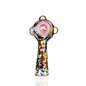 A hand-blown glass pipe with a pink circular mouthpiece, a colorful multicolor body, and a small loop at the top, shown on a white background with a soft reflection.